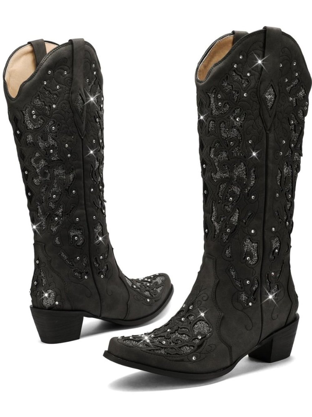 Cowboy Boots for Women, Mid Calf Cowgirl Boot Rhinestone, Comfortable Chunky